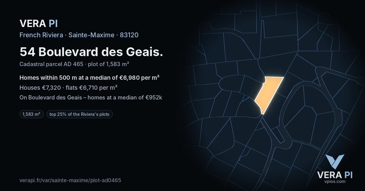 54 Boulevard des Geais, Sainte-Maxime at night – the plot lit, the parcels around coloured by the prices near them