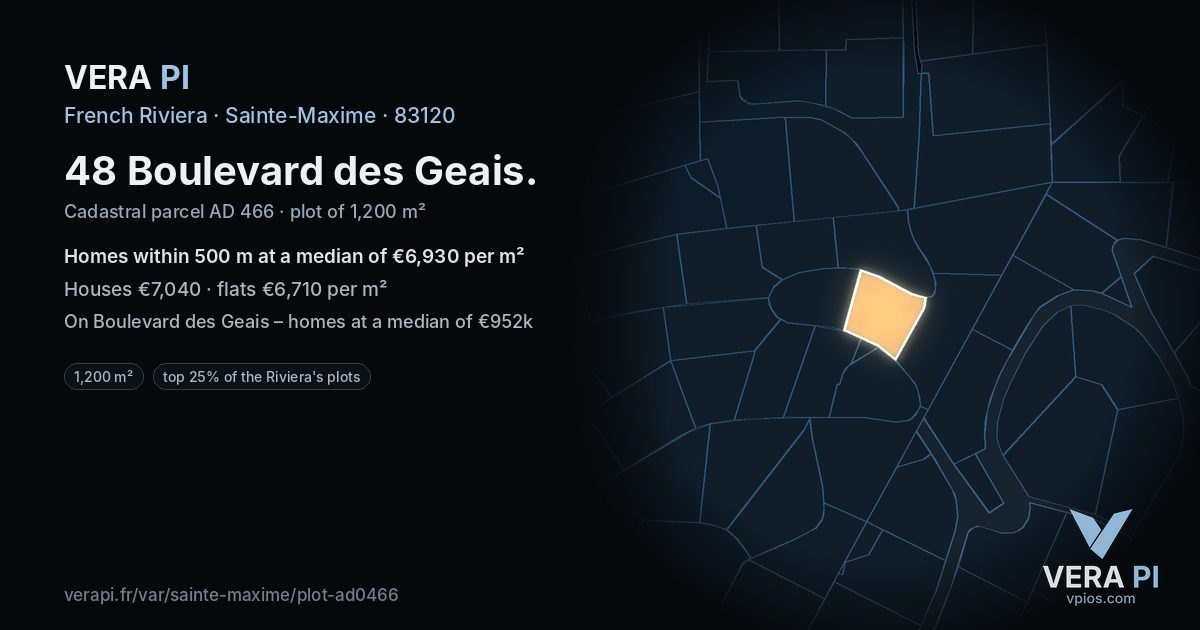 48 Boulevard des Geais, Sainte-Maxime at night – the plot lit, the parcels around coloured by the prices near them
