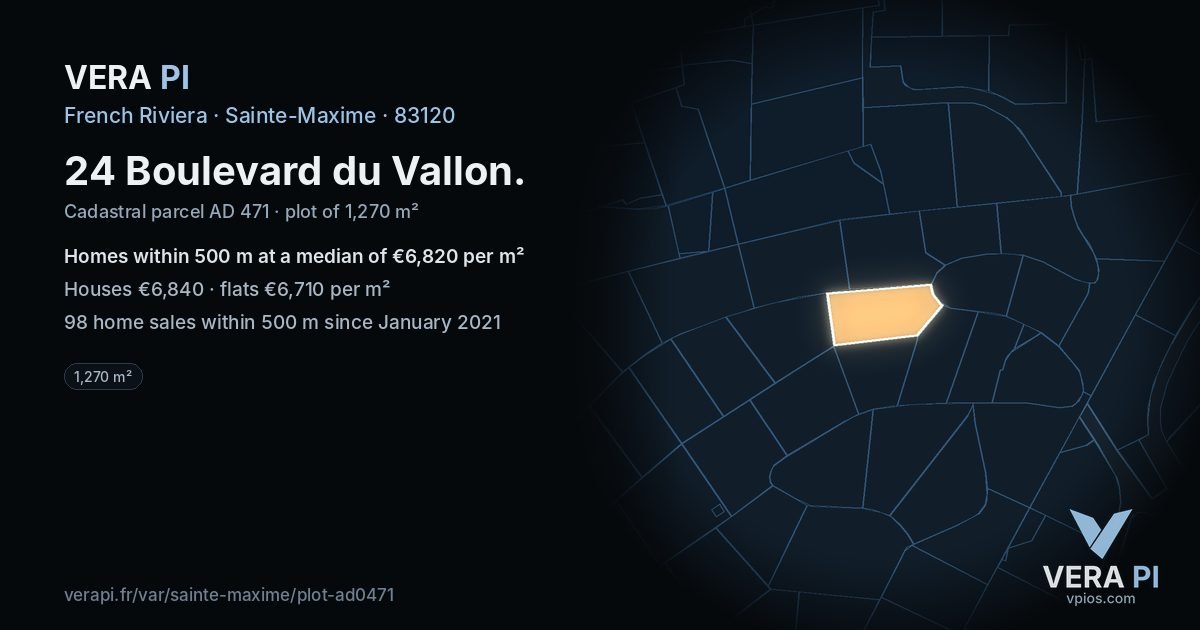 24 Boulevard du Vallon, Sainte-Maxime at night – the plot lit, the parcels around coloured by the prices near them