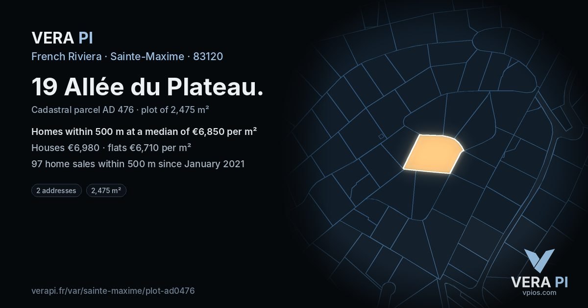 19 Allée du Plateau, Sainte-Maxime at night – the plot lit, the parcels around coloured by the prices near them