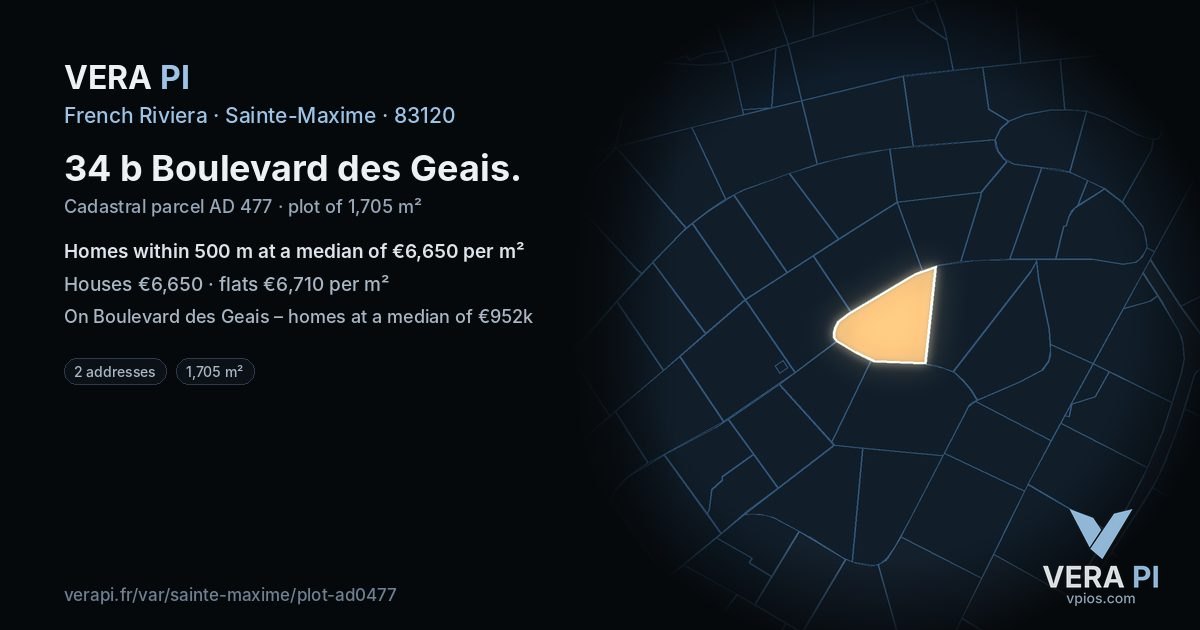 34 b Boulevard des Geais, Sainte-Maxime at night – the plot lit, the parcels around coloured by the prices near them