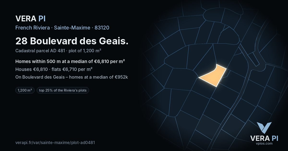 28 Boulevard des Geais, Sainte-Maxime at night – the plot lit, the parcels around coloured by the prices near them