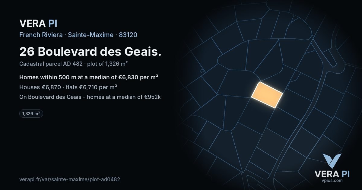 26 Boulevard des Geais, Sainte-Maxime at night – the plot lit, the parcels around coloured by the prices near them