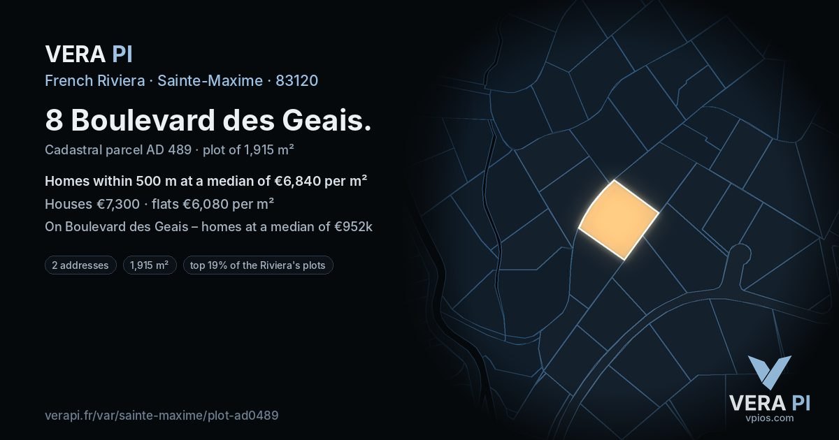 8 Boulevard des Geais, Sainte-Maxime at night – the plot lit, the parcels around coloured by the prices near them