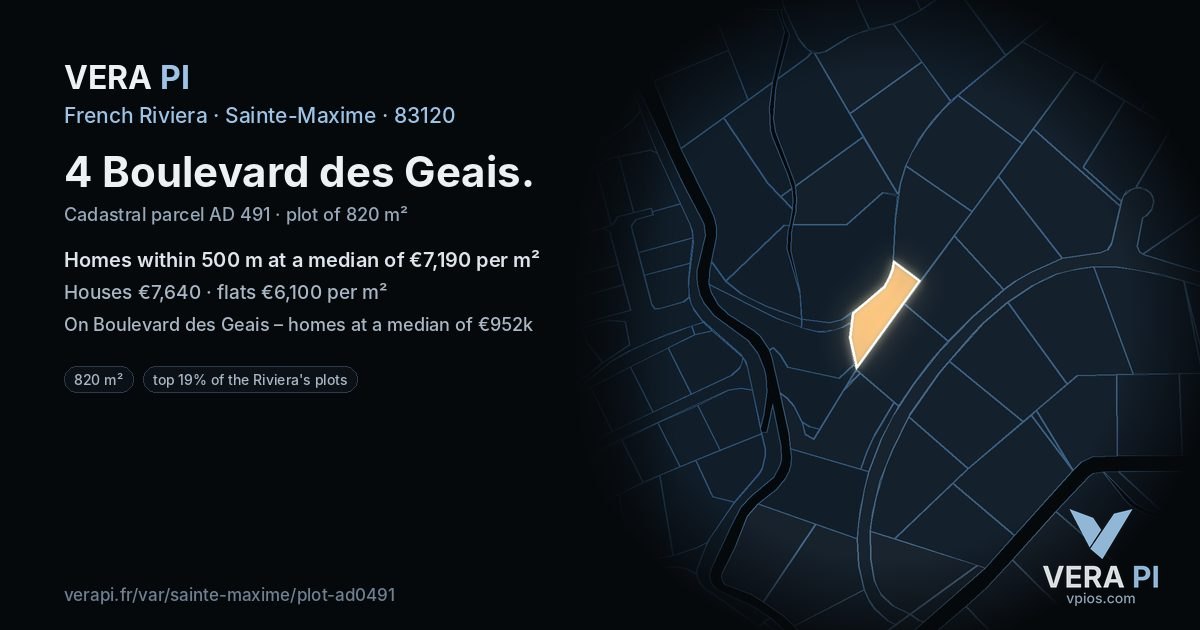 4 Boulevard des Geais, Sainte-Maxime at night – the plot lit, the parcels around coloured by the prices near them