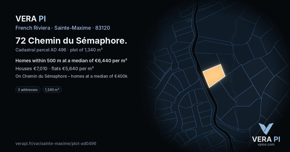 72 Chemin du Sémaphore, Sainte-Maxime at night – the plot lit, the parcels around coloured by the prices near them