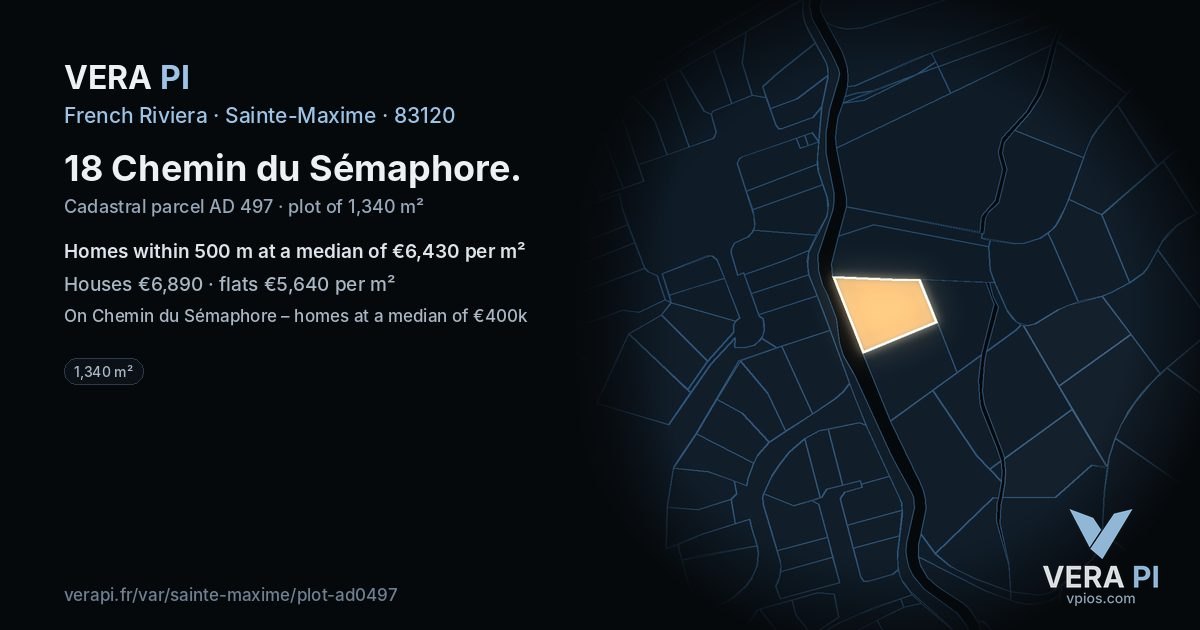 18 Chemin du Sémaphore, Sainte-Maxime at night – the plot lit, the parcels around coloured by the prices near them