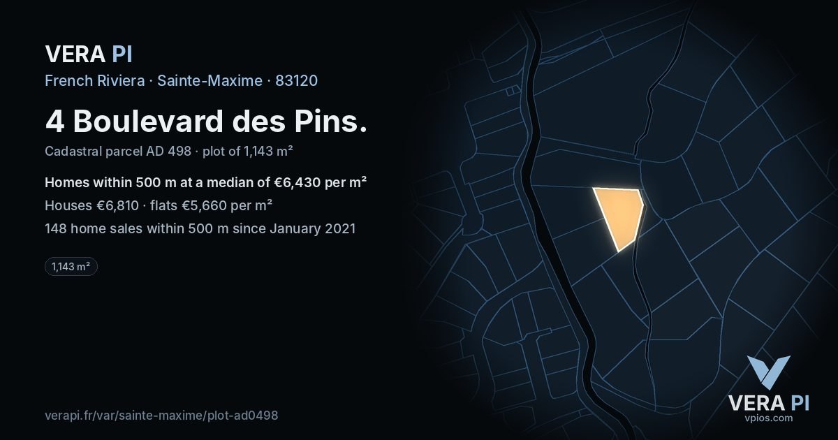 4 Boulevard des Pins, Sainte-Maxime at night – the plot lit, the parcels around coloured by the prices near them