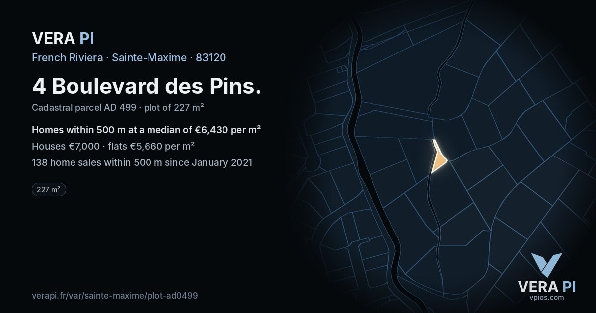 4 Boulevard des Pins, Sainte-Maxime at night – the plot lit, the parcels around coloured by the prices near them