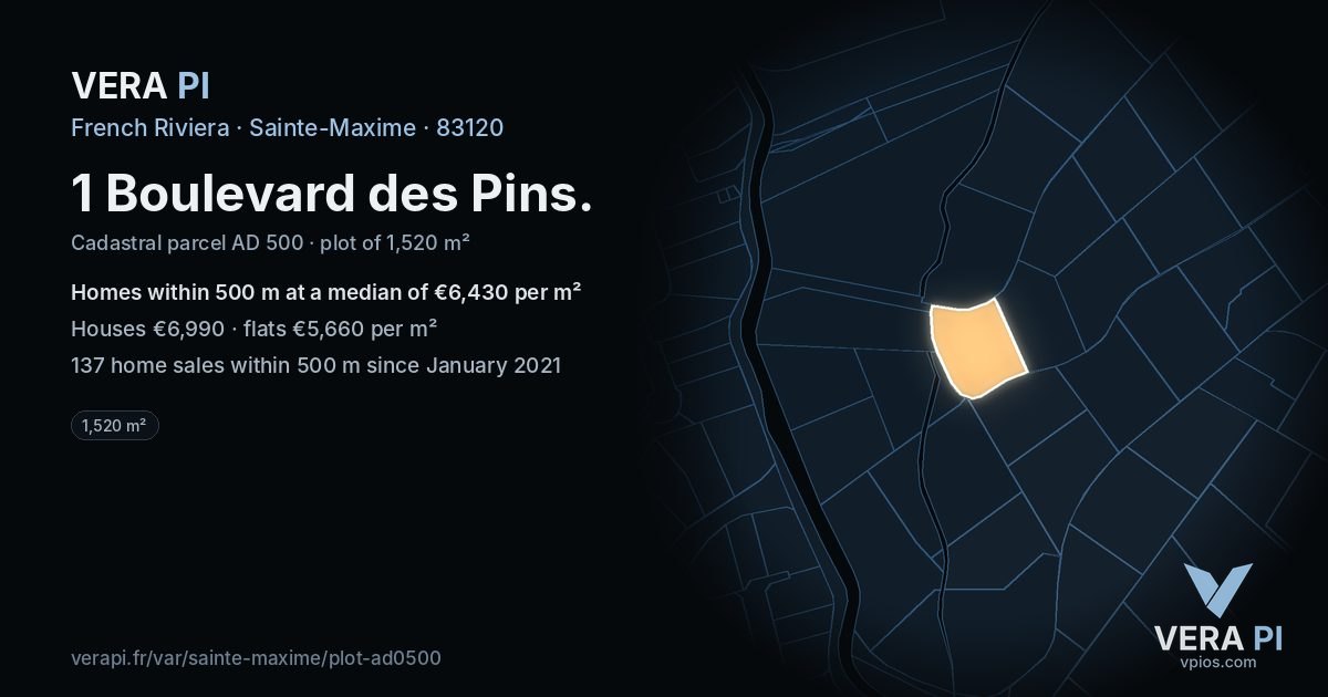 1 Boulevard des Pins, Sainte-Maxime at night – the plot lit, the parcels around coloured by the prices near them