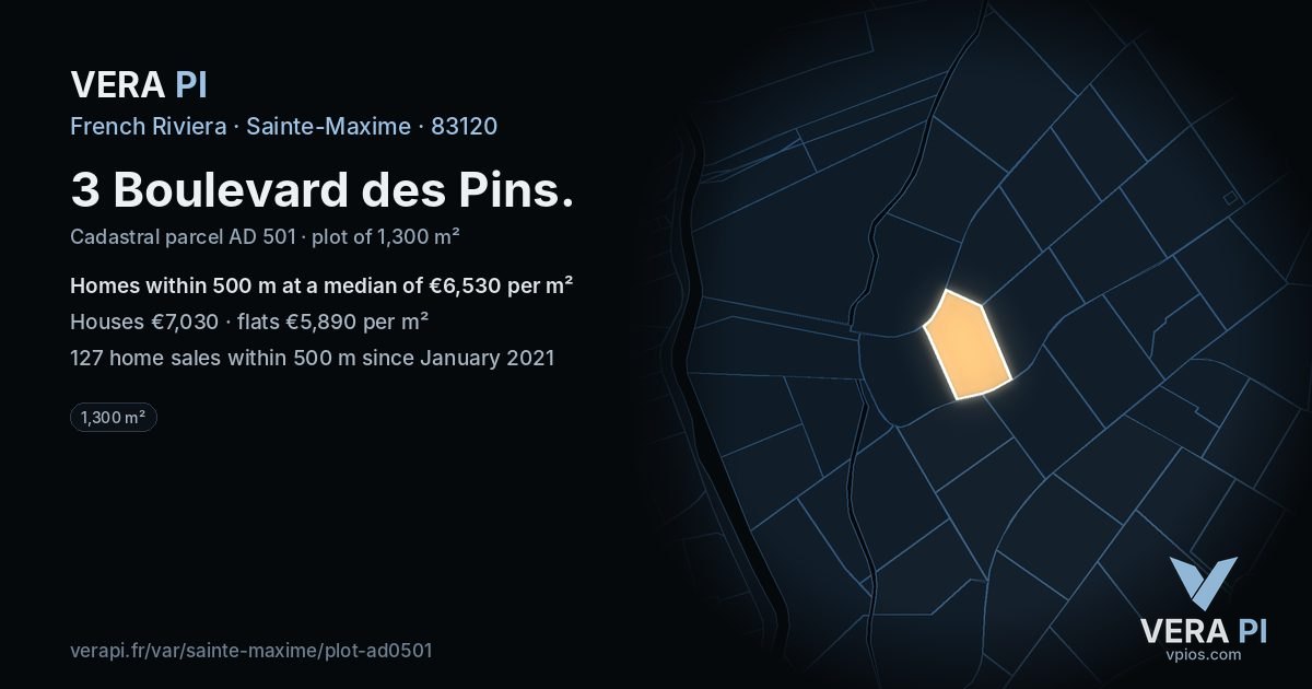 3 Boulevard des Pins, Sainte-Maxime at night – the plot lit, the parcels around coloured by the prices near them