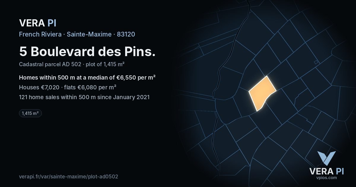 5 Boulevard des Pins, Sainte-Maxime at night – the plot lit, the parcels around coloured by the prices near them