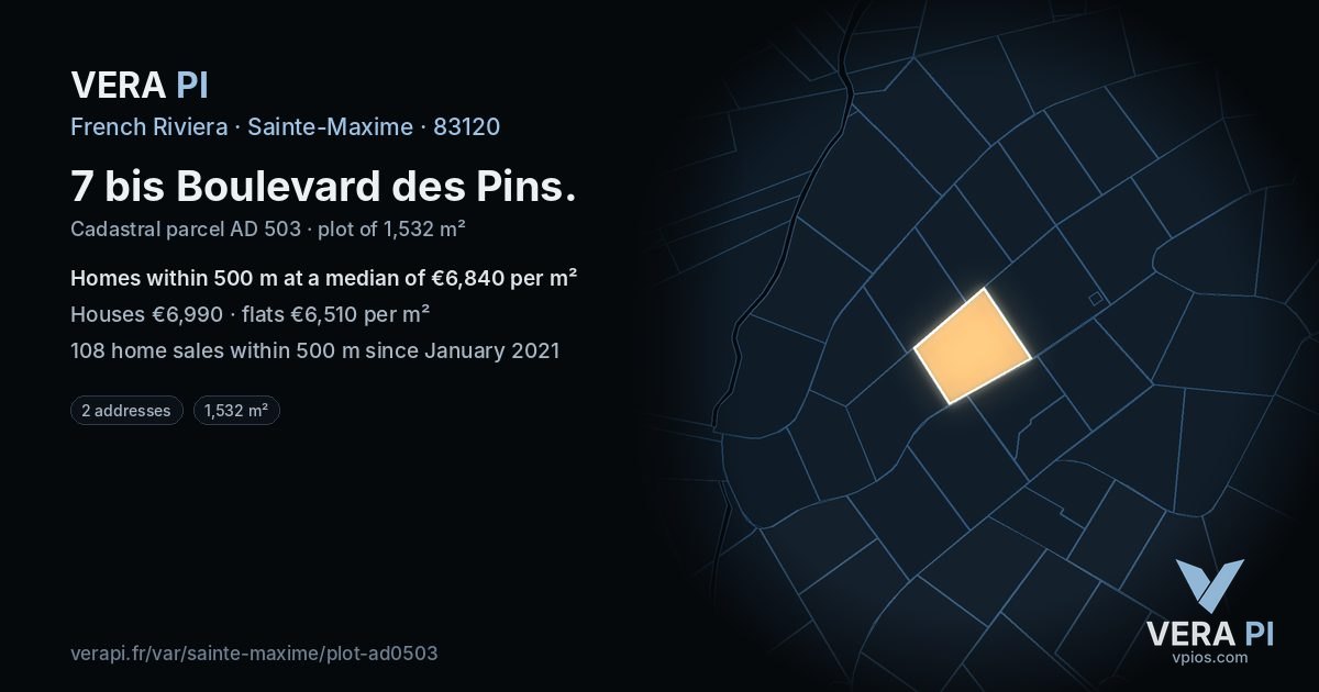 7 bis Boulevard des Pins, Sainte-Maxime at night – the plot lit, the parcels around coloured by the prices near them