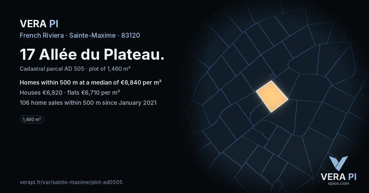 17 Allée du Plateau, Sainte-Maxime at night – the plot lit, the parcels around coloured by the prices near them