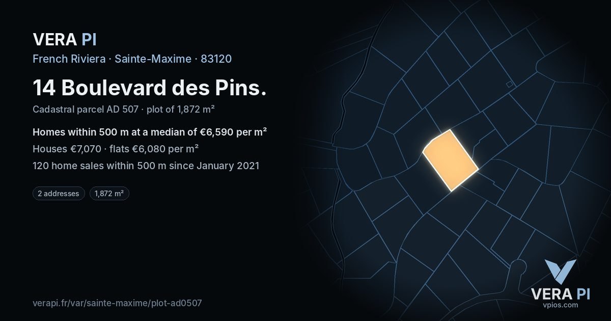 14 Boulevard des Pins, Sainte-Maxime at night – the plot lit, the parcels around coloured by the prices near them