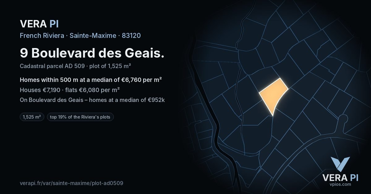 9 Boulevard des Geais, Sainte-Maxime at night – the plot lit, the parcels around coloured by the prices near them