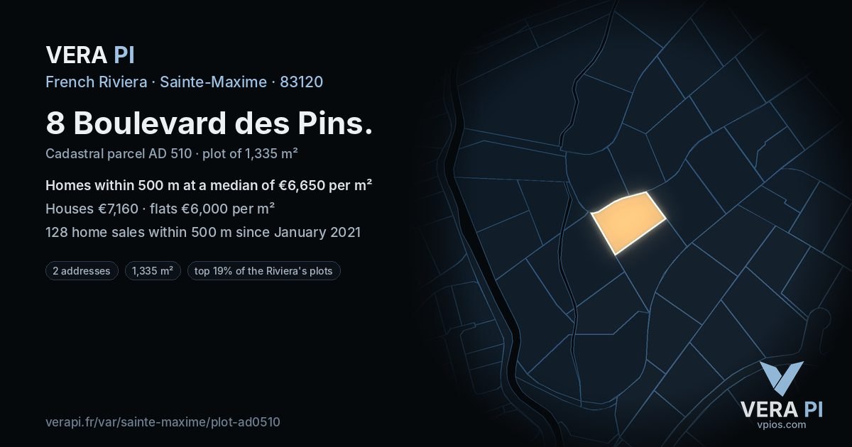8 Boulevard des Pins, Sainte-Maxime at night – the plot lit, the parcels around coloured by the prices near them