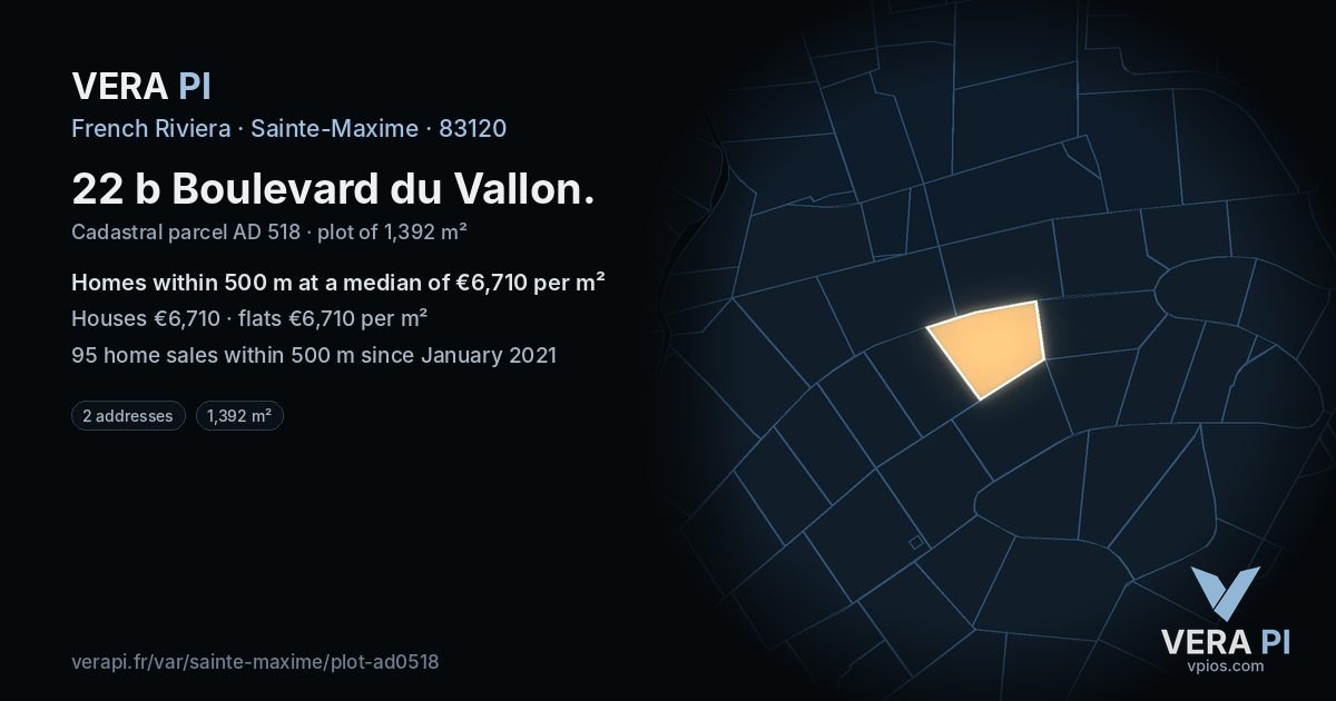 22 b Boulevard du Vallon, Sainte-Maxime at night – the plot lit, the parcels around coloured by the prices near them