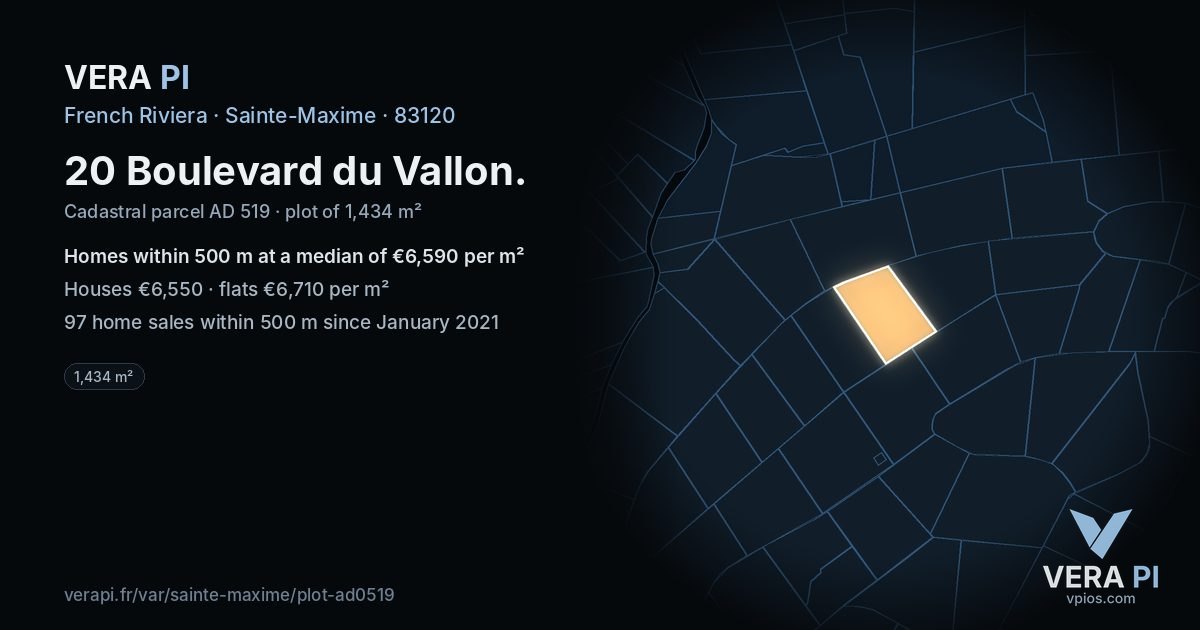 20 Boulevard du Vallon, Sainte-Maxime at night – the plot lit, the parcels around coloured by the prices near them