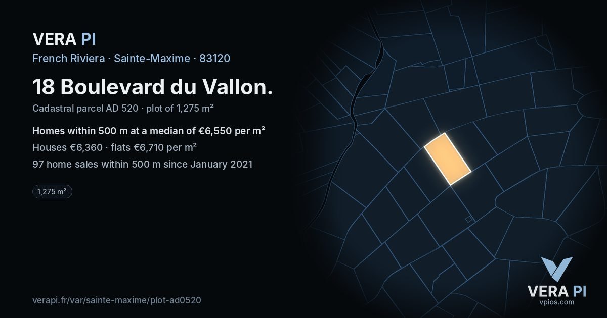 18 Boulevard du Vallon, Sainte-Maxime at night – the plot lit, the parcels around coloured by the prices near them