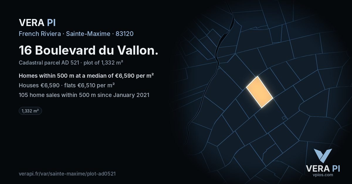 16 Boulevard du Vallon, Sainte-Maxime at night – the plot lit, the parcels around coloured by the prices near them