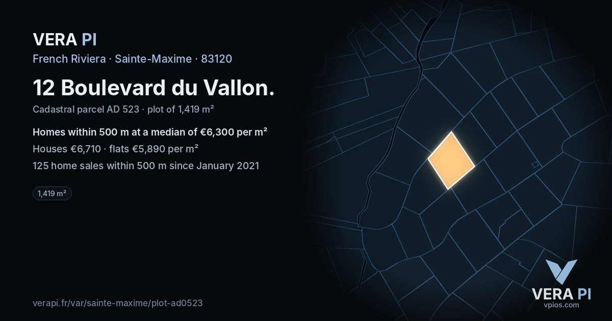 12 Boulevard du Vallon, Sainte-Maxime at night – the plot lit, the parcels around coloured by the prices near them