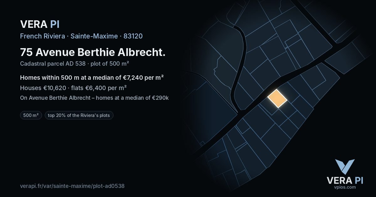 75 Avenue Berthie Albrecht, Sainte-Maxime at night – the plot lit, the parcels around coloured by the prices near them