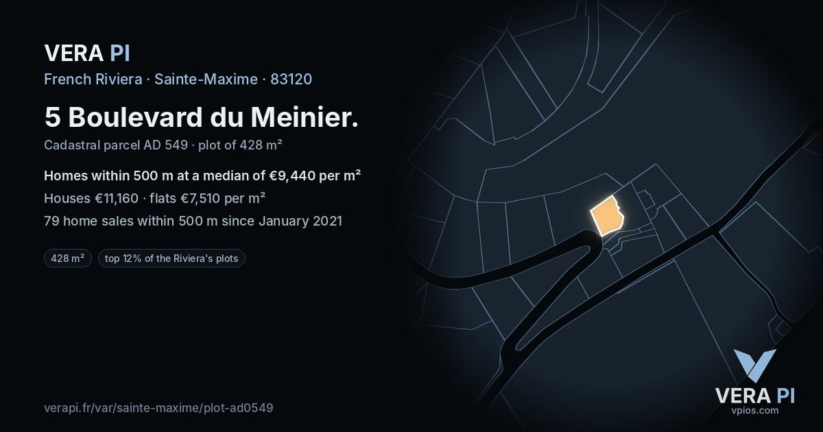5 Boulevard du Meinier, Sainte-Maxime at night – the plot lit, the parcels around coloured by the prices near them