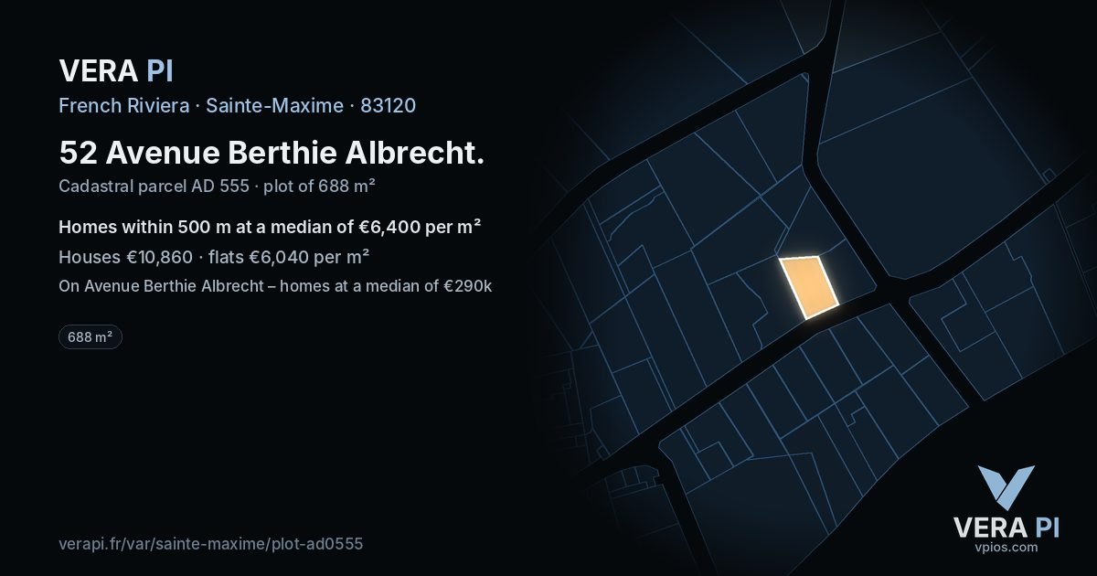 52 Avenue Berthie Albrecht, Sainte-Maxime at night – the plot lit, the parcels around coloured by the prices near them