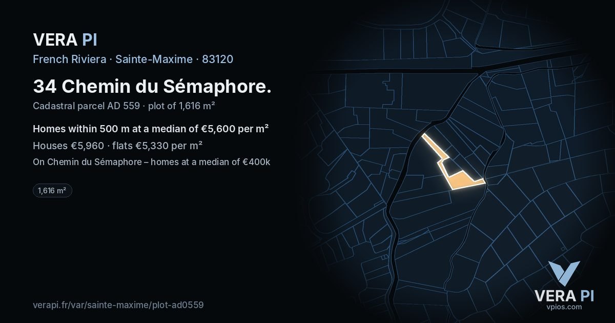 34 Chemin du Sémaphore, Sainte-Maxime at night – the plot lit, the parcels around coloured by the prices near them