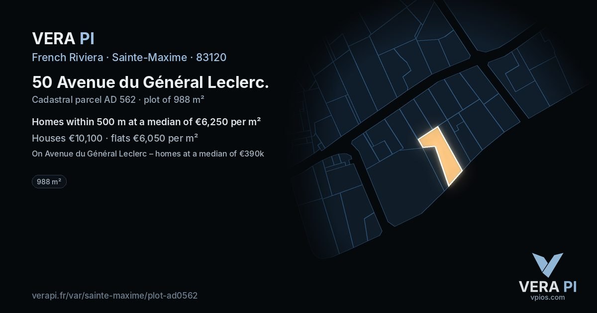 50 Avenue du Général Leclerc, Sainte-Maxime at night – the plot lit, the parcels around coloured by the prices near them