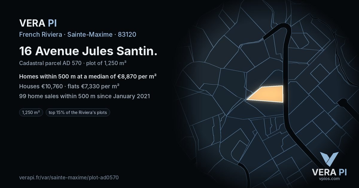 16 Avenue Jules Santin, Sainte-Maxime at night – the plot lit, the parcels around coloured by the prices near them