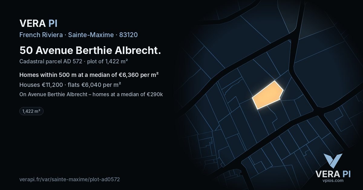 50 Avenue Berthie Albrecht, Sainte-Maxime at night – the plot lit, the parcels around coloured by the prices near them