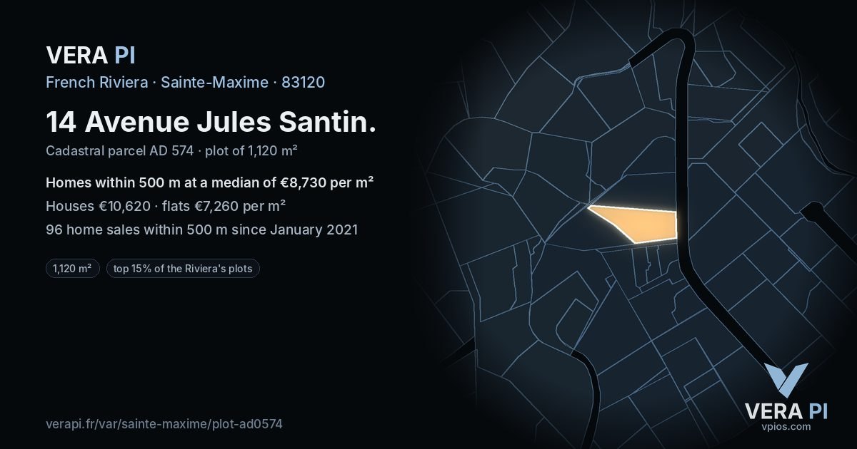 14 Avenue Jules Santin, Sainte-Maxime at night – the plot lit, the parcels around coloured by the prices near them