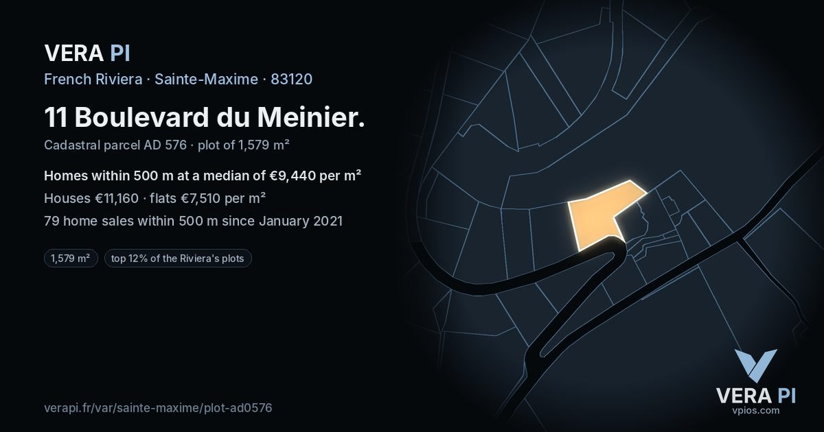11 Boulevard du Meinier, Sainte-Maxime at night – the plot lit, the parcels around coloured by the prices near them