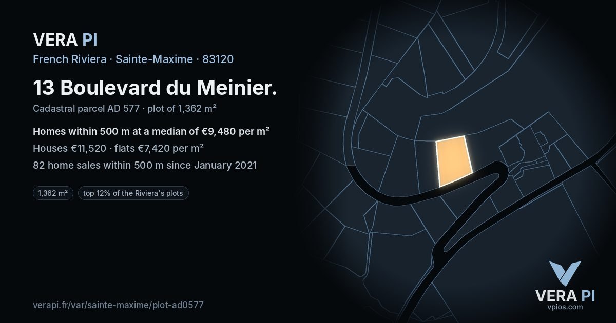 13 Boulevard du Meinier, Sainte-Maxime at night – the plot lit, the parcels around coloured by the prices near them