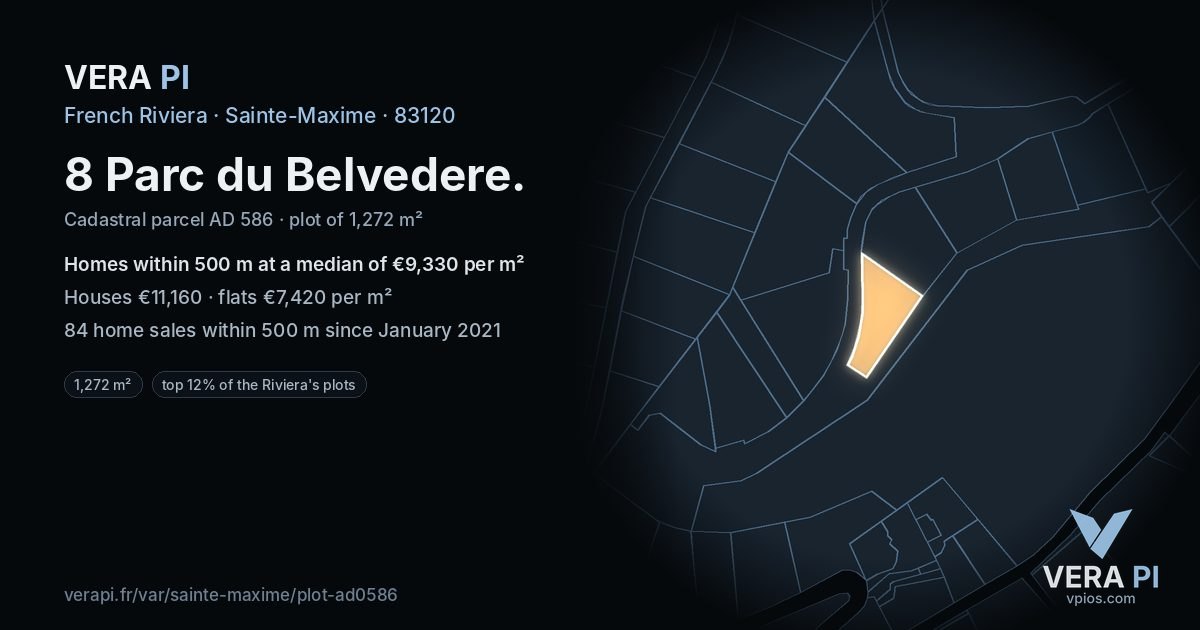 8 Parc du Belvedere, Sainte-Maxime at night – the plot lit, the parcels around coloured by the prices near them