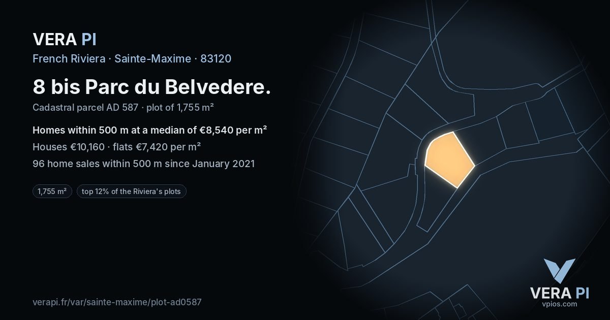 8 bis Parc du Belvedere, Sainte-Maxime at night – the plot lit, the parcels around coloured by the prices near them