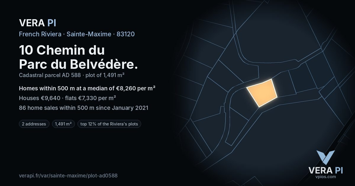 10 Chemin du Parc du Belvédère, Sainte-Maxime at night – the plot lit, the parcels around coloured by the prices near them