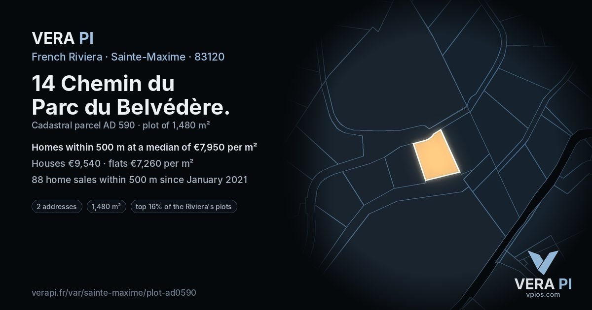 14 Chemin du Parc du Belvédère, Sainte-Maxime at night – the plot lit, the parcels around coloured by the prices near them