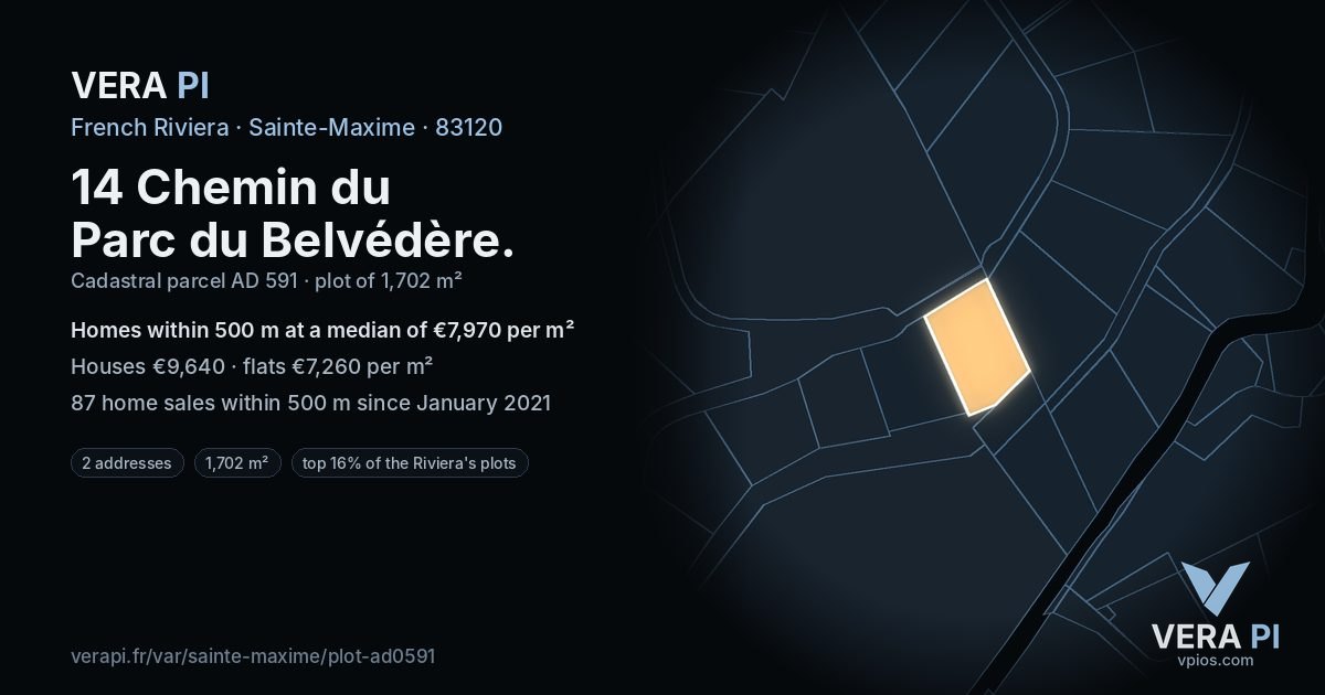 14 Chemin du Parc du Belvédère, Sainte-Maxime at night – the plot lit, the parcels around coloured by the prices near them