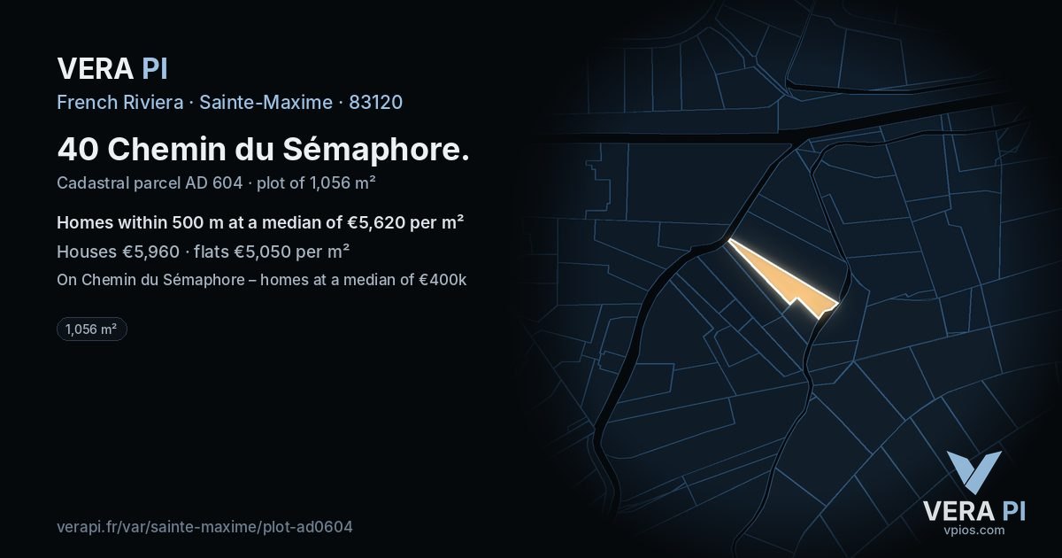 40 Chemin du Sémaphore, Sainte-Maxime at night – the plot lit, the parcels around coloured by the prices near them