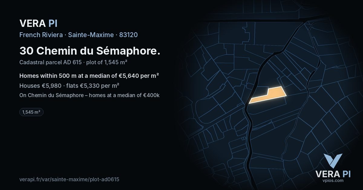 30 Chemin du Sémaphore, Sainte-Maxime at night – the plot lit, the parcels around coloured by the prices near them