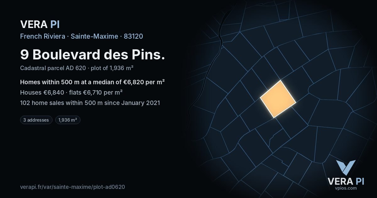 9 Boulevard des Pins, Sainte-Maxime at night – the plot lit, the parcels around coloured by the prices near them