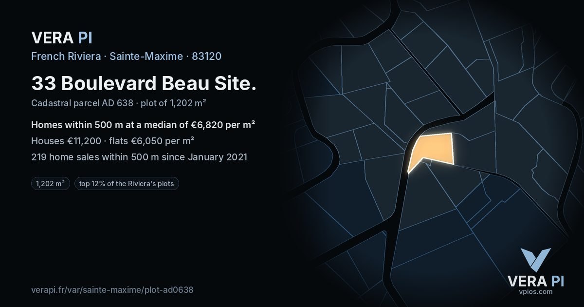 33 Boulevard Beau Site, Sainte-Maxime at night – the plot lit, the parcels around coloured by the prices near them