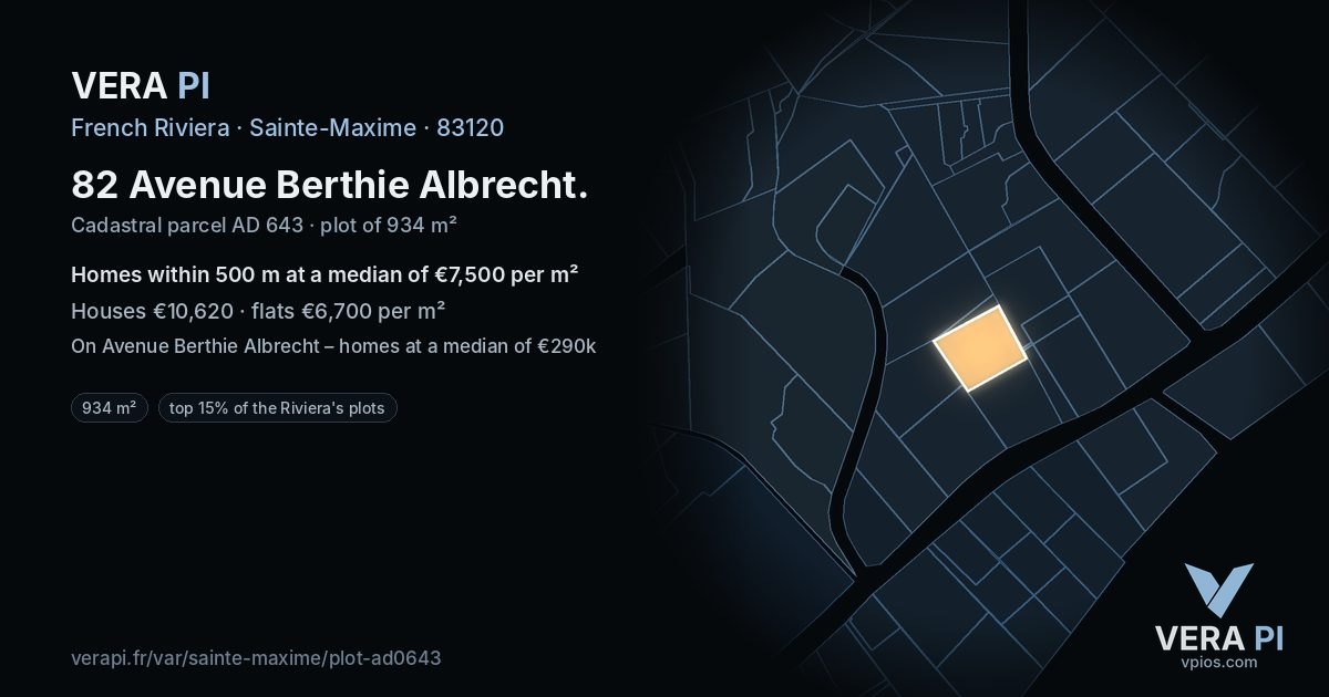 82 Avenue Berthie Albrecht, Sainte-Maxime at night – the plot lit, the parcels around coloured by the prices near them