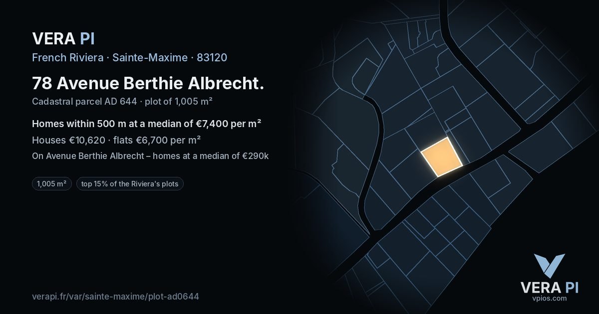 78 Avenue Berthie Albrecht, Sainte-Maxime at night – the plot lit, the parcels around coloured by the prices near them