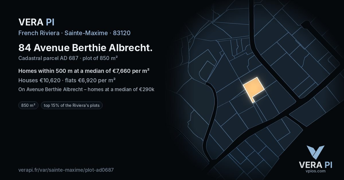 84 Avenue Berthie Albrecht, Sainte-Maxime at night – the plot lit, the parcels around coloured by the prices near them
