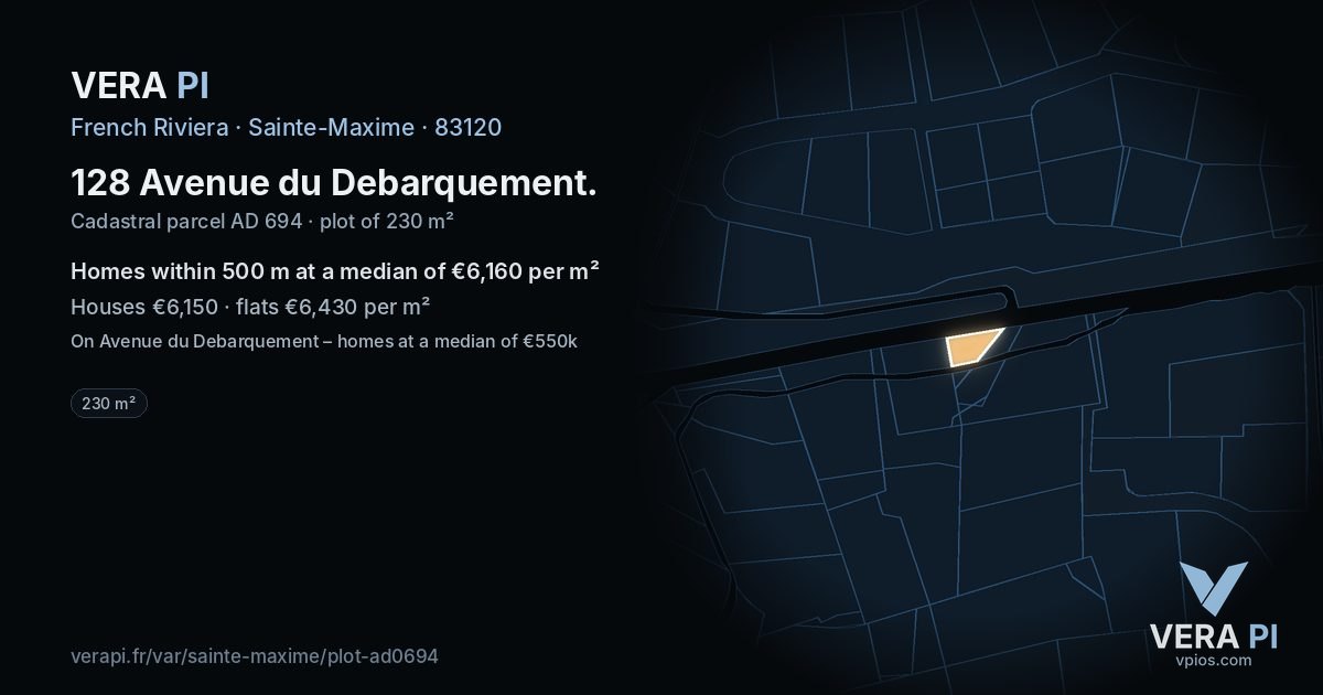 128 Avenue du Debarquement, Sainte-Maxime at night – the plot lit, the parcels around coloured by the prices near them