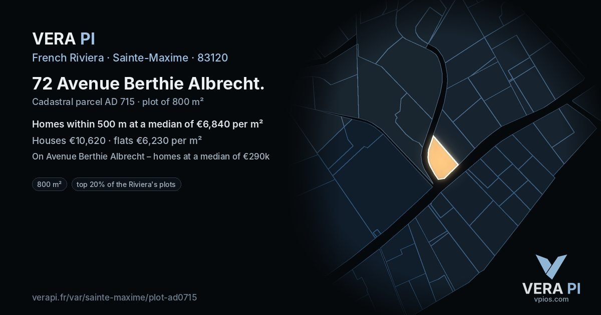 72 Avenue Berthie Albrecht, Sainte-Maxime at night – the plot lit, the parcels around coloured by the prices near them